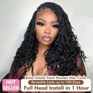 【ToyoTress Miracle Knots】Boho Island Twist with Human Hair Feathered Curls 12-18 Inch 8 Packs 96 Strands Natural Black Pre-loop 1 hour Install/Reuseable 100 reps/ For Blak Women naturaled Crochet Twist Human Hair Boho Mini Twist Pre-looped Crochet/