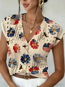 Women's Independence Day Star Flag Floral Bee Animal Print Sleeveless Button Hollow Out Knit Cardigan, Casual Breathable Elegant Sweater, Spring Summer Fall Clothing