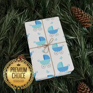 Blue Baby Stroller Giftwrap for Newborn Showers, Baby Boy Wrapping Paper, Gift Wrap for Baby Boys