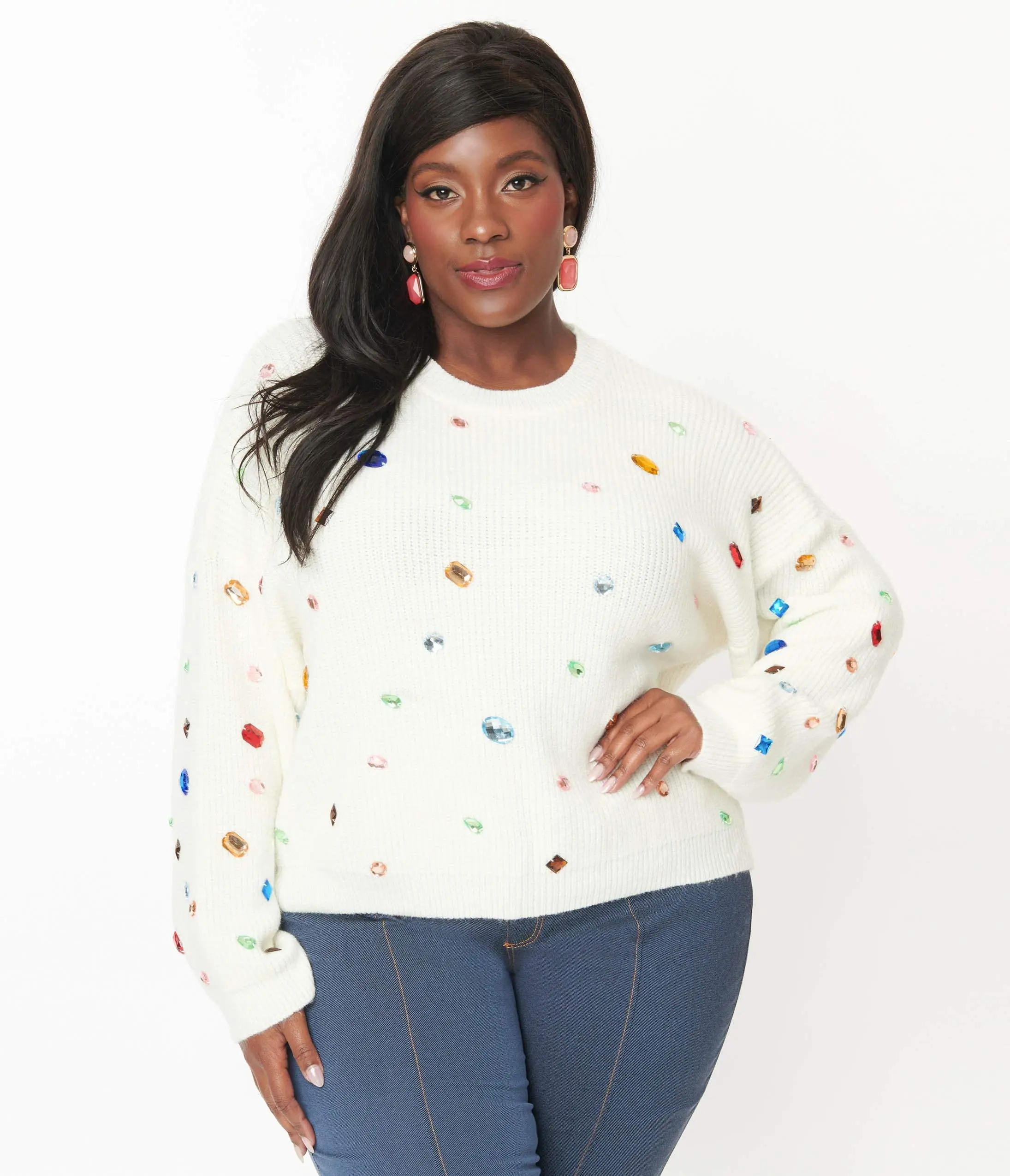 Plus Size Cream Bejeweled Pullover Sweater