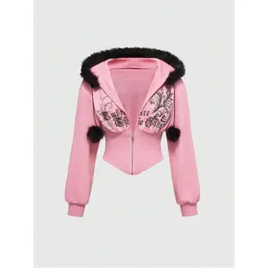 Grunge Punk Y2K Subculture Retro Fitted Leopard Print Hooded Sweatshirt With Vintage Floral Print And Rhinestone Embellishment