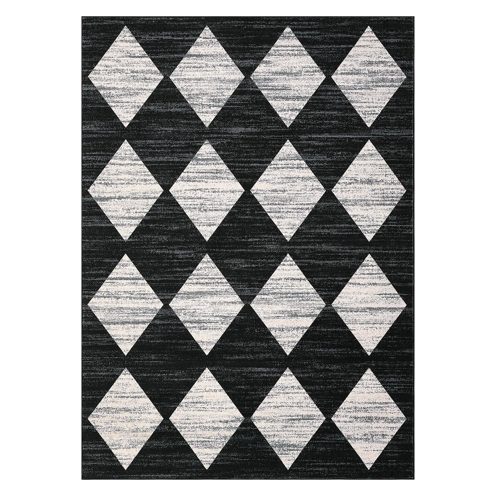 5x7 ft Polyester Black Rectangular Low Pile Home Decor Rug, Modern Abstract Geometric Diamond Print, Stain Resistant Machine Washable for Living Room, Bedroom, Home Decor Rugs, Low Pile Rug