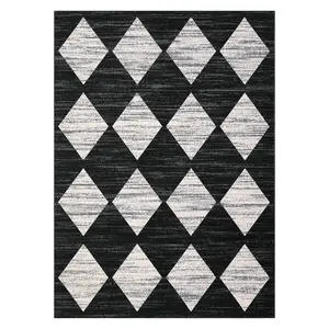 8 x 10 ft Polyester Black Rectangular Area Rug, Modern Geometric Diamond Print Low Pile Stain Resistant Home Decor Rug, Machine Washable for Living Room, Bedroom, Home Decor Rugs, Stain Resistant Rug