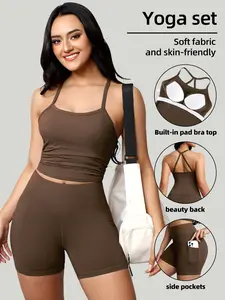 Women yoga set, 2-piece set, Activewear Fitness, fitness sportswear beautiful back Built in one-piece bra cup top high-waisted shorts, suitable for fitness and exercise, Yoga Clothes Set