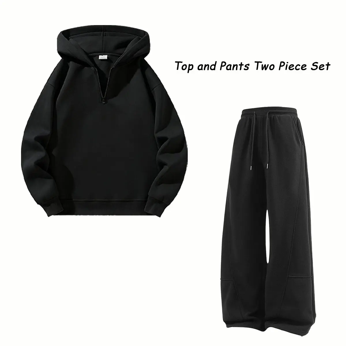 Unisex two-piece set: half-zip hooded sweatshirt + wide-leg athletic pants; casual sportswear, everyday casual wear, streetwear outfit.