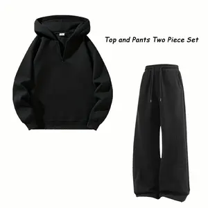 Unisex two-piece set: half-zip hooded sweatshirt + wide-leg athletic pants; casual sportswear, everyday casual wear, streetwear outfit.