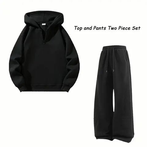 Men's 2 Piece Athleisure Tracksuit Set Hooded Zip Top, Half Zip Sweatshirt, Wide Leg Jogging Pants, Solid Training Suit, Comfy Apparel Tracksuit, Gym Sweatsuits Outfit,sohochic