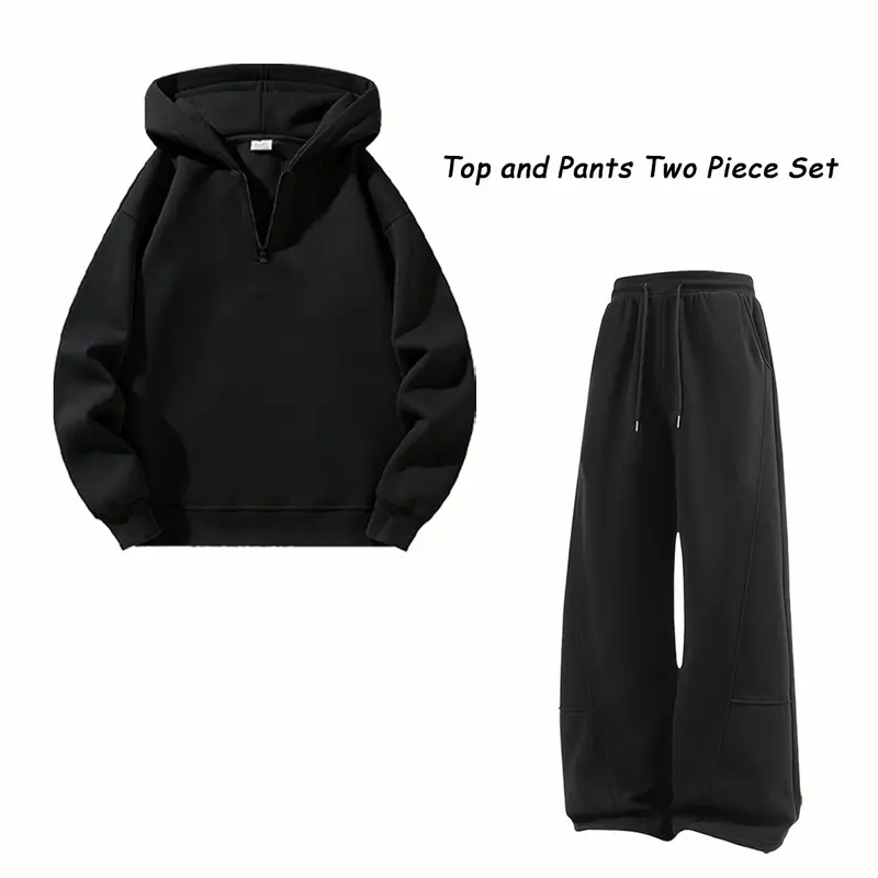 Men's 2 Piece Athleisure Tracksuit Set Hooded Zip Top, Half Zip Sweatshirt, Wide Leg Jogging Pants, Solid Training Suit, Comfy Apparel Tracksuit, Gym Sweatsuits Outfit,sohochic