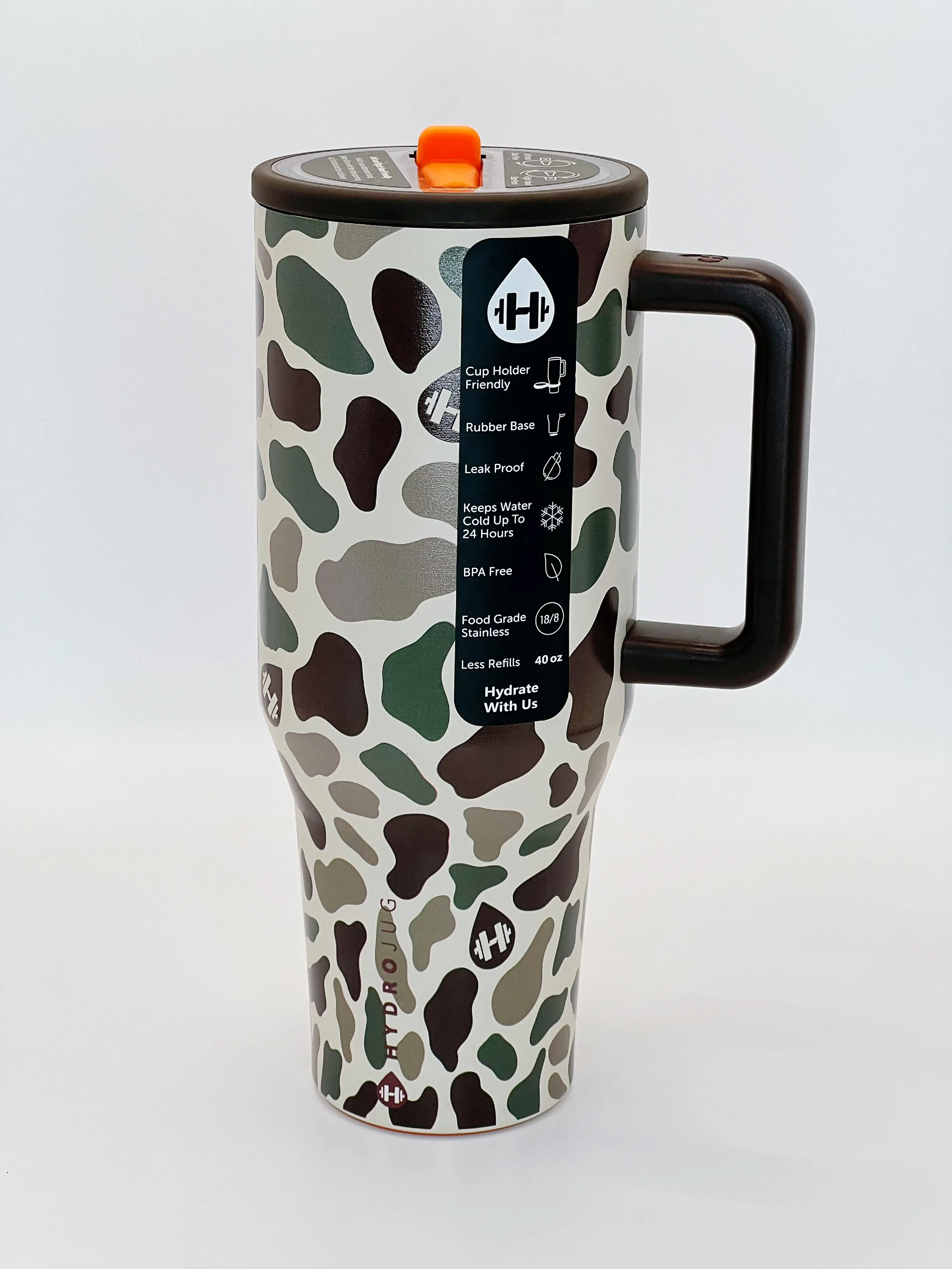 HydroJug 40oz Camo Print Handled Tumbler, Flip Straw Leakproof Lid, 24 Hours Cold Retention, Cup Holder Friendly Stainless Steel Mug For Picnic Travel Outdoor Daily Use