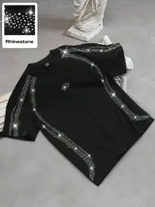 Unisex Rhinestone Loose Casual Streetwear Graphic T-Shirt, Arc-Shaped Rhinestone Stripes, Chest Small Rhinestones, Soft Cotton Blend Fabric, Y2K Shiny Style