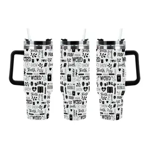 Christian 40oz Tumbler, Black & White Faith Word Pattern with Bible, Cross & Dove Graphics, "Faith, Pray, Your Word" Quote Print, Travel Mug with Black Handle & Lid, Durable Drinkware, Ideal Gift for Christians, Bible Lovers & Church Members