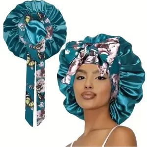 Double Layer Satin Bonnet for Curly Hair with Elastic Tie Band Night Cap Head-Stay-On Silk Hair Bonnet Heatless Sleep Protection