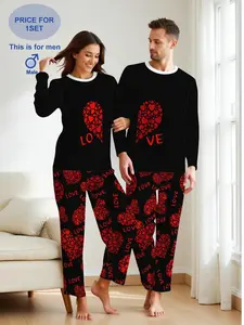 Valentine's Day couple pajama set, long-sleeved and tight-fitting home wear, unisex custom round-neck T-shirt + elastic belt sport pants, comfortable and breathable, suitable for all seasons, with heart-shaped patterns