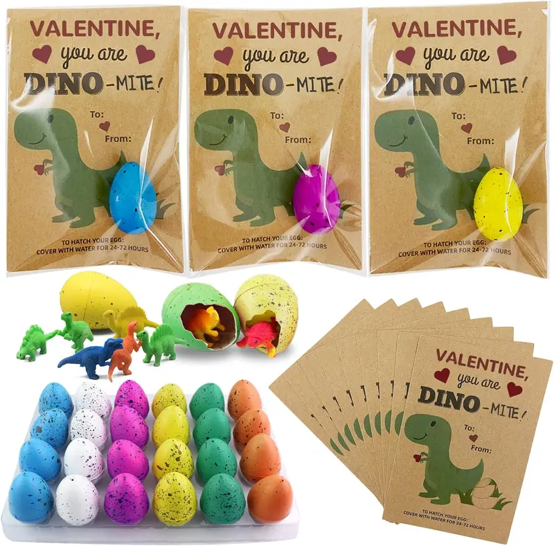 Valentines Day Gifts for Kids Bulk – 24 Dinosaur Egg Hatching Valentines Cards for Classroom Exchange, Party Favors for Boys & Girls School Gifts