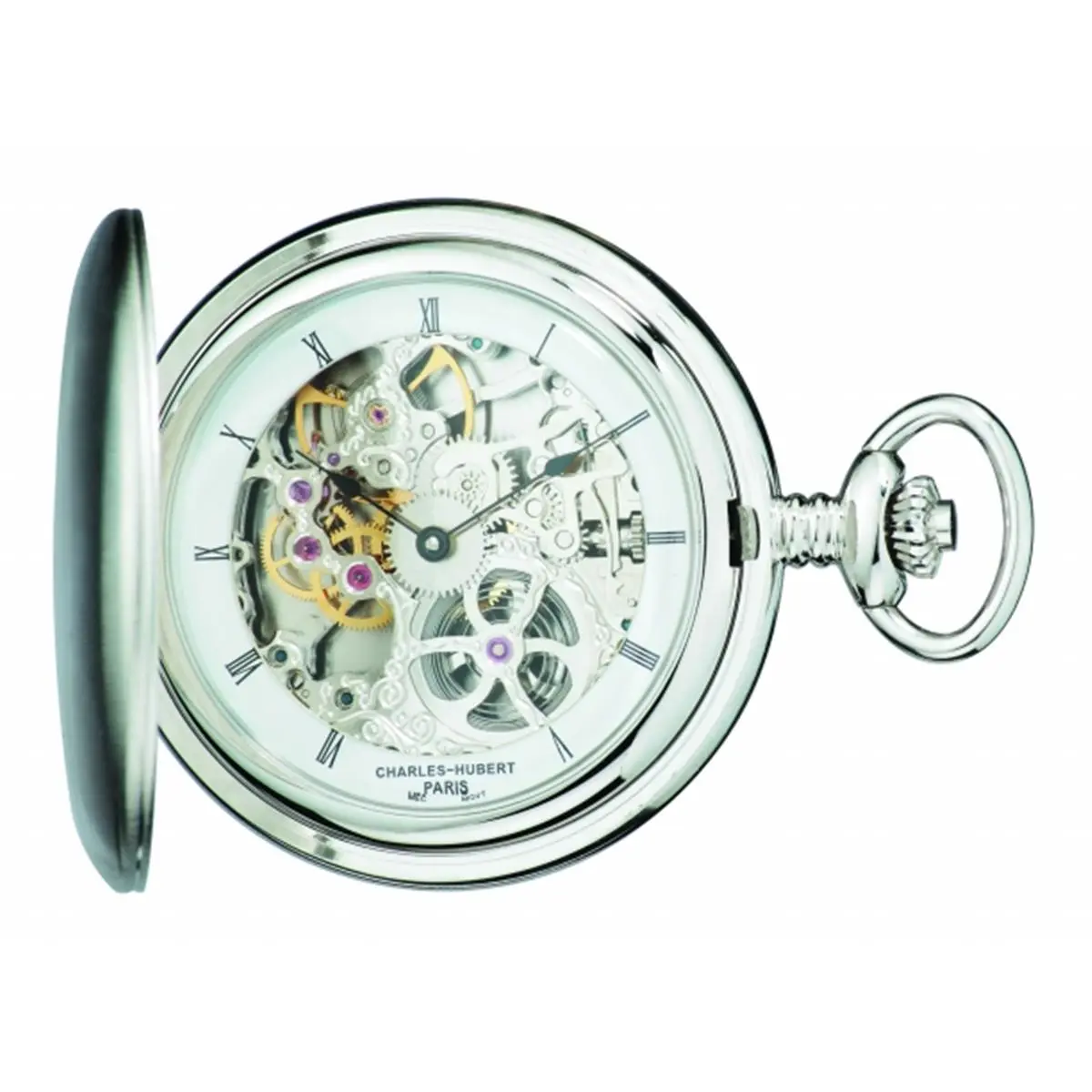 212 MAIN Unisex Fashion Mechanical Pocket Watch - Charles-Hubert Paris Polished Stainless Steel Hunter Case, Skeleton Dial