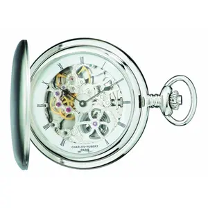 212 MAIN Unisex Fashion Mechanical Pocket Watch - Charles-Hubert Paris Polished Stainless Steel Hunter Case, Skeleton Dial