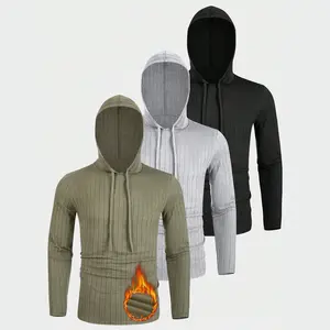 3pcs/Set Men's Sports Fitness Casual Running Thick Stripe Fleece Hooded Drawstring Long Sleeve