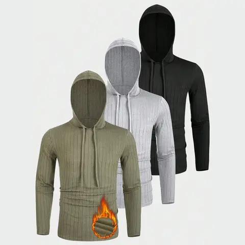 Men's 3pcs/Set Thick Stripe Fleece Hooded Drawstring Long Sleeve Athletic Apparel - 3 Hoodies Ready, Casual Sporty Fitted, Warm Performance, Adjustable for Gym, Running