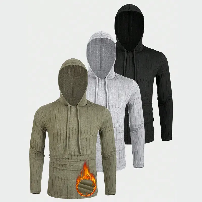Men's 3pcs/Set Thick Stripe Fleece Hooded Drawstring Long Sleeve Athletic Apparel - 3 Hoodies Ready, Casual Sporty Fitted, Warm Performance, Adjustable for Gym, Running