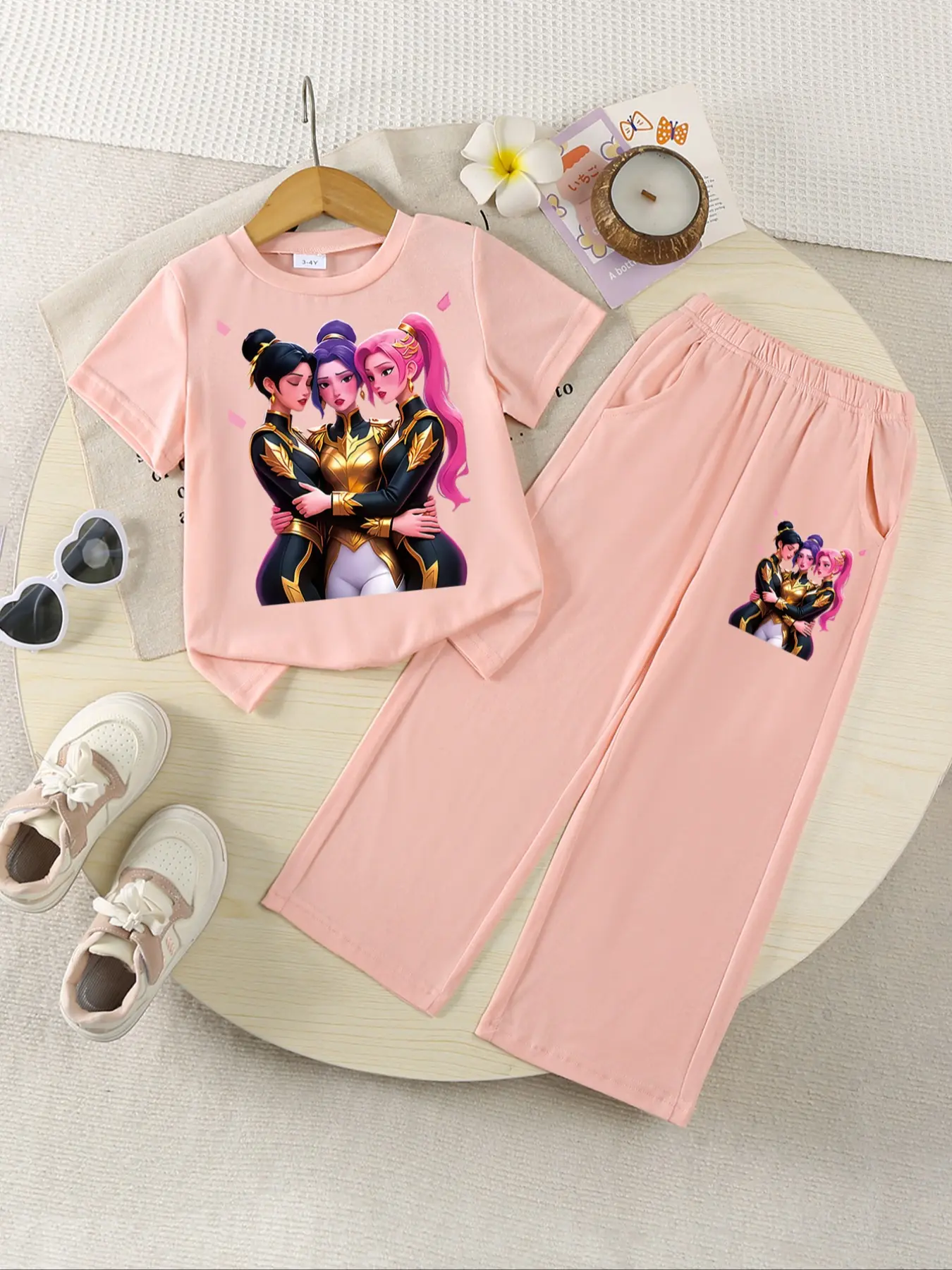 Girls' Knit Set T-Shirt + Straight Leg Pants, Knitted Set, Cartoon Print, Casual Outdoor Sports Wear, Summer Outfits Set, Summer Clothing Set, Summer Clothes Set, Suitable for Girls Ages 8 and Below