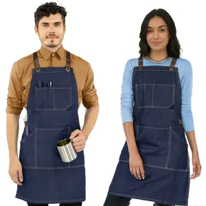 Work Apron - Professional Denim & Twill, Leather Trim, CrossBack, Chef, Bartender, Shop, Server