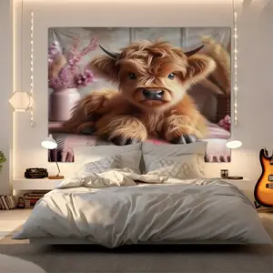 Realistic and Charming Highland Cow Print Tapestry, Nordic Pastoral Style Tapestry, Modern Aesthetic Home Decor Digital Print Wall Hanging, Warm and Soothing Wall Decoration, Suitable for Bedroom, Living Room, and Study Wall Art Decoration.