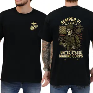 U.S. Marines T-Shirt, Semper Fi Till Death Skeleton Marine Graphic, 2-Sided Patriotic Military Tee, USMC Logo Shirt for Veterans