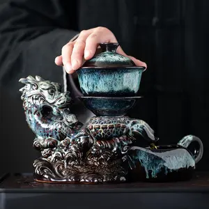 Rotating Dragon Design Ceramic Tea Set, 1 Set Creative Teacup Set with 8 Teacups and Tray, Tea Making Tool for Home Office Use, Tea Pot Set