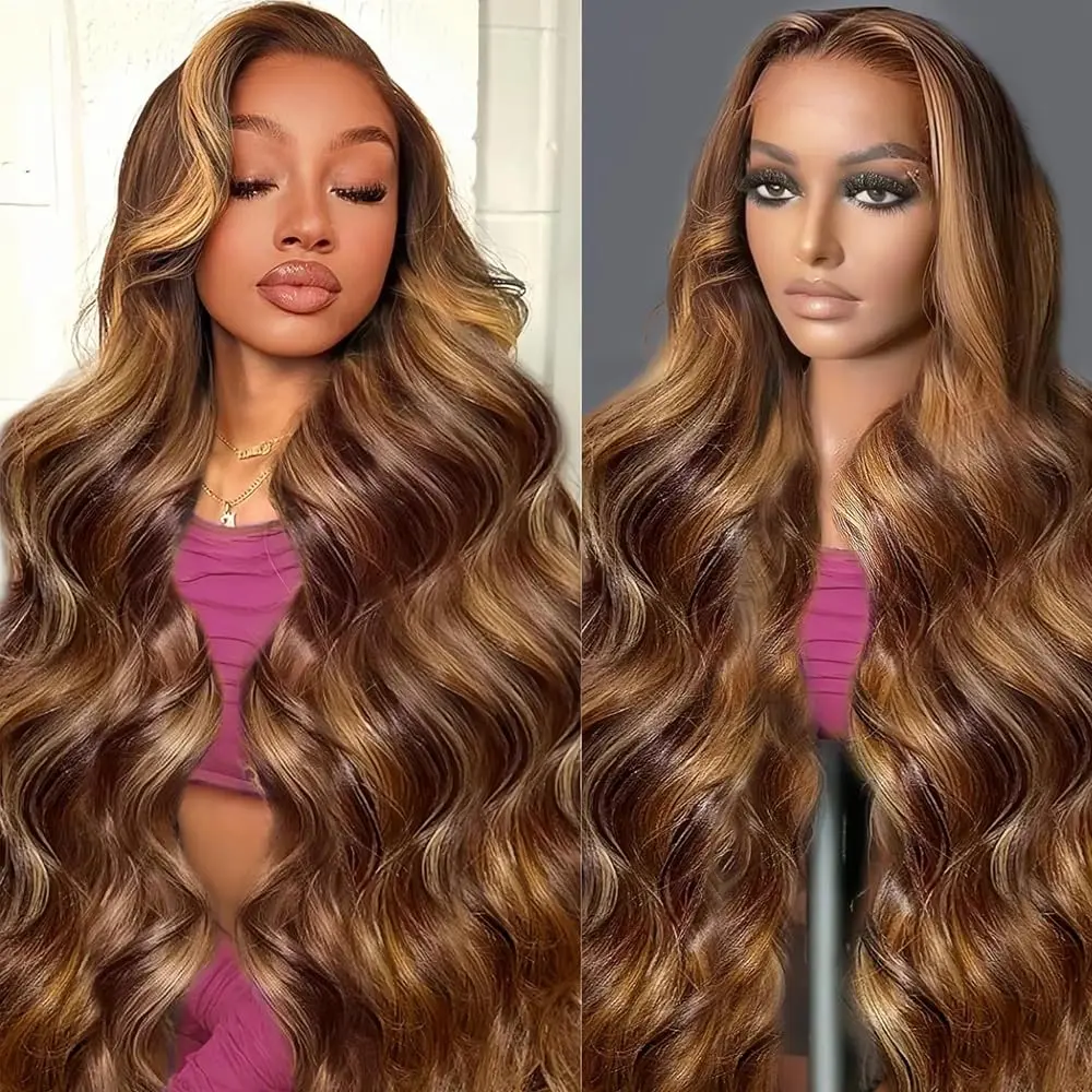 Ombre Highlight 13x6 Body Wave HD Lace Frontal Wigs 1B/427 Honey Blonde Lace Front Wigs Human Hair for Black Women Glueless Wigs Human Hair Pre Plucked With Baby Hair 180% Density