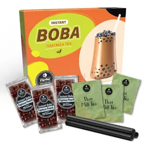 Flavfar Premium Thai Milk Tea Kit with Instant Tapioca Pearls | Authentic Low Calorie Bubble Tea with Brown Sugar Boba - 3 Servings Beverage Drinkb