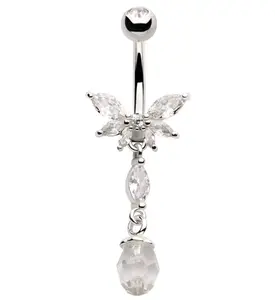 Half Flower Clear CZ Dangle Faceted Charm Stainless Steel Belly Button Ring