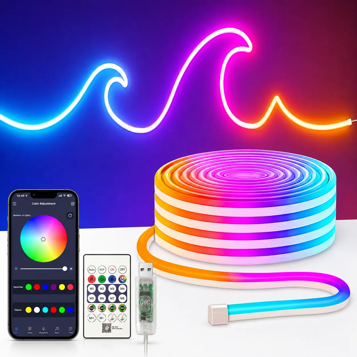 RGBIC Smart Neon LED Light Strip - Bluetooth App & Remote Controlled, Music-Sync Color-Changing Mood Lights, Self-Adhesive USB-Powered for Bedroom, Gaming Room Decorations
