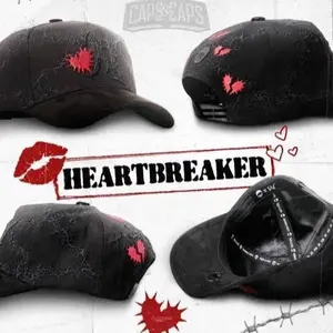 Barbas "Wilitio" Black Baseball Cap with Red Heart Embroidery and Cracked Design for Stylish Outfits