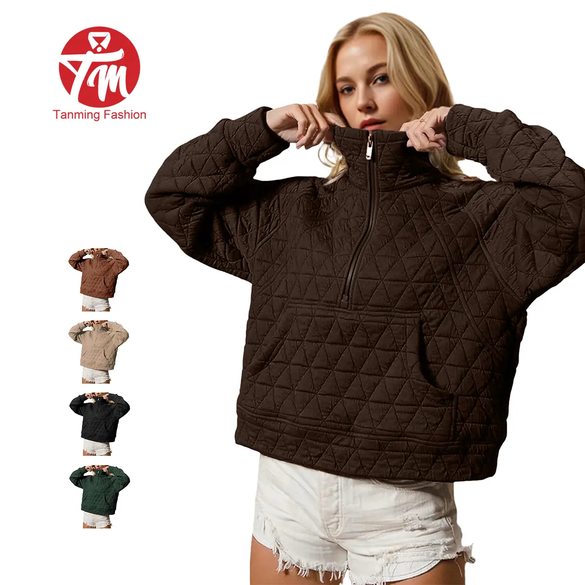 Tanming Women's Half-Zip Quilted Puffer Coat - Long Sleeve, High Neck, Oversize, Lightweight, Warm, Casual Pullover Tops with Pocket for Fall Winter - Minimalist Basic Outerwear (TikTokShopBlackFriday)