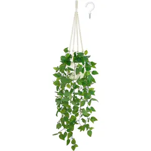 Hanging  with Pot, Artificial  for Home Decor Indoor Macrame  Hanger with  Vines Greenery for Bedroom Bathroom Kitchen Office Decor,  (Pothos)