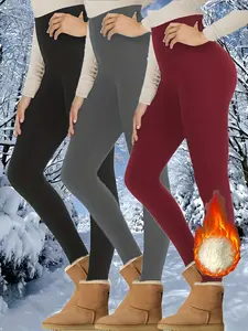 Women's 3pcs Thermal Yoga Leggings With Pockets Thick Tight Pants For Outdoor Sports In Autumn Winter Comfortable Indoor Leggings High Waisted Soft Workout Fleece Lined Gym Sportswear Bottoms