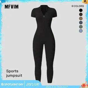 MFVIM  Women's Zip-Up Stand Collar Short-Sleeve Yoga Jumpsuit, High-Elastic Quick-Dry Slim-Fit Waist-Controlled Athletic One-Piece Outfit