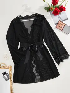 Women's Contrast Lace Mesh Belted Nightdress, Soft Comfortable Loose Long Sleeve V Neck Nightgown,  Sleepwear Loungewear for Women, Elegant Womenswear