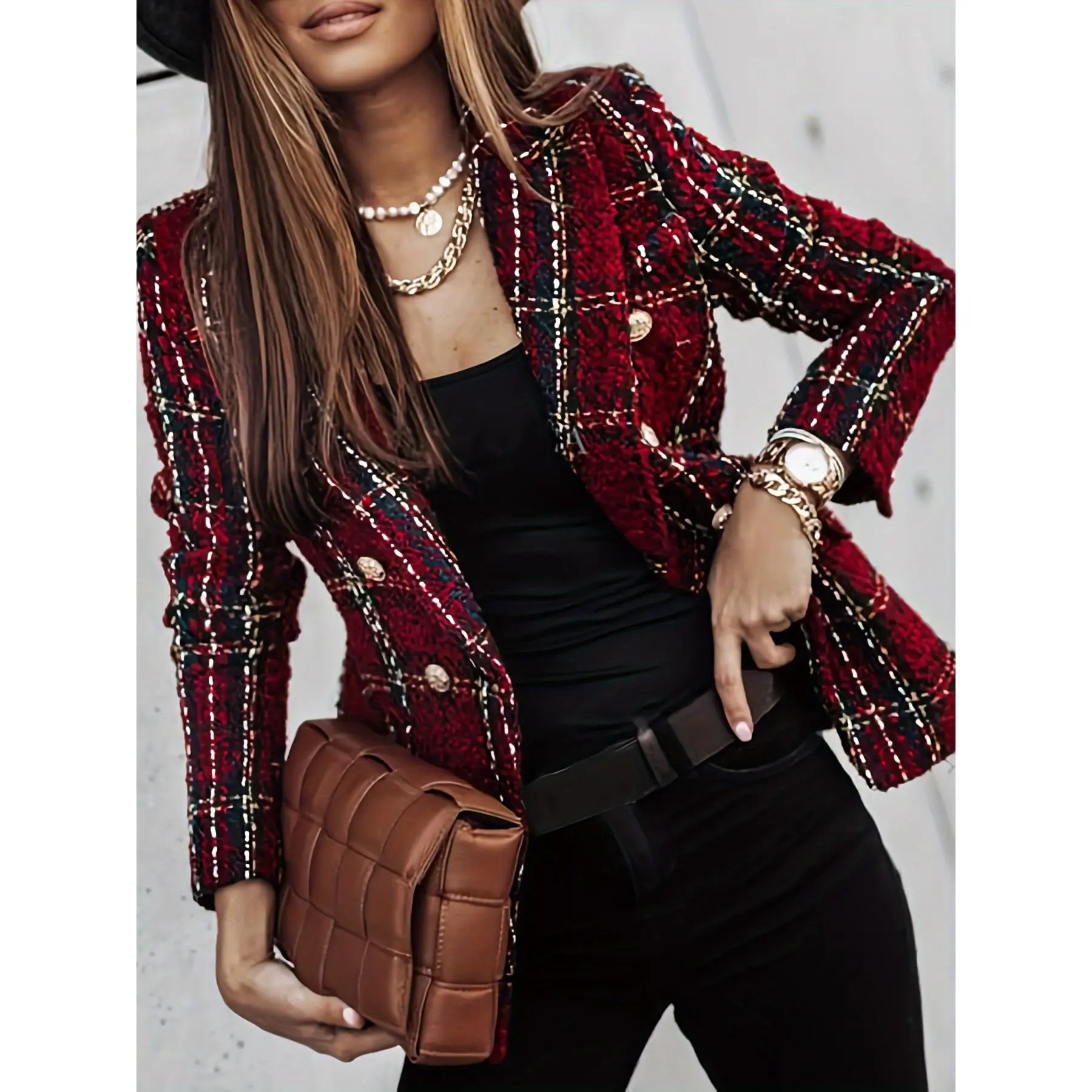 Double-breasted Notched Lapel Blazer, Elegant Plaid Tweed Long Sleeve Blazer For Office & Work, Women's Clothing