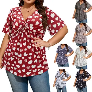 [1X-5X]Plus Size Tops for Women Twist Knot Short Sleeve Tunic Tops Low Cut V Neck Shirts Elegant Casual Spandex Blend Breathable Butterfly Sleeves Chic Womenswear