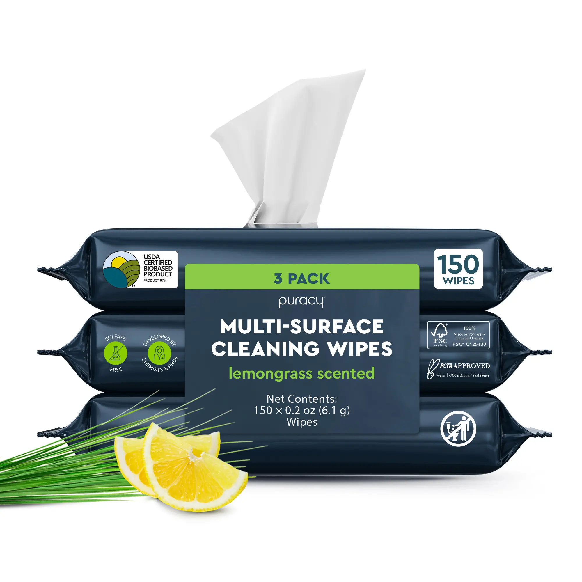 Puracy All Purpose Cleaning Wipes – Non Toxic Multi-Surface Cleaner & Appliance Wipes for Car, Bathroom, Kitchen – Lemongrass Scent (150 Count, 3 Pack)