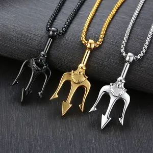 Men's 316L Titanium Steel Neptune's Trident Pendant Necklace, Retro Mythical Poseidon Harpoon Design, Cool Fashion Trend Chain Jewelry Necklaces