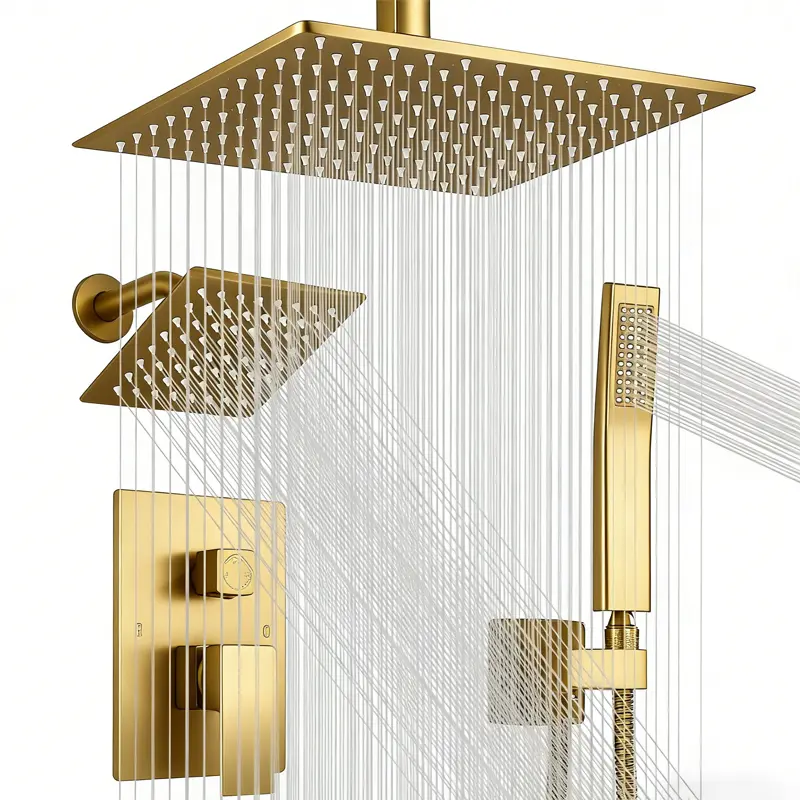 Luxury Brushed Gold Shower Faucet Trim Set, 12" Ceiling Mount Head and 6" Wall Mount Rain Head Shower System, Multi-function Handheld Shower Sprayer and Convenient 3-Way Diverter, Multi-Modes Shower Fixture for Home Bathroom Decoration & Upgrade