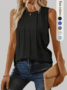 Summer New Casual Round Neck Sleeveless Tank Top, Vertical Texture Pleated Fitted Vest, Versatile Office Wear, Plain Long Top