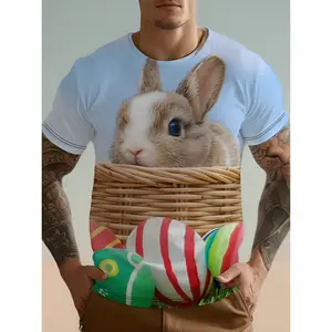 Men'S All-Over Print T-Shirt Featuring Easter Egg, Rabbit, And Sky Patterns with Digital Print Design And a Round Neck, Plus Size