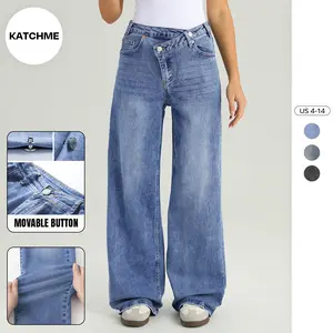Katch Me Women's Street Chic High Waist Multi-Pocket Baggy Denim Wide Leg Jeans, Versatile Streetwear Outfits, Asymmetric Waist Denim Trousers