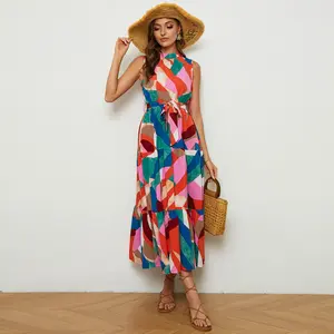 Colorful Dresses for Women,Vintage Casual Long Flowy Dress Boho Long Dress Belted Halter Dress Beach Vacation Dresses