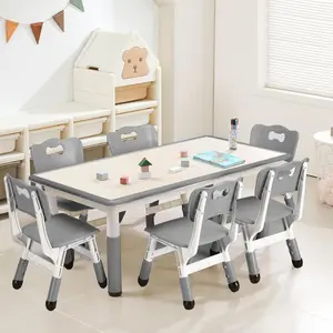 Table and Chairs Set,Height Adjustable Toddler Arts & Crafts Table with 6 Seats for Ages 2-10,Graffiti Desktop, Non-Slip Legs,Max 330lbs Kids Activity Art Table for Classroom Daycares,Home Furniture Wood Ergonomic