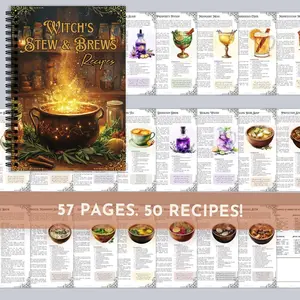 Magic Kitchen Secret A5 Spiral Recipe Book, 57 Pages, 50 Witchy Stew Recipes, 180° Flat Lay, Perfect for Role-Playing Dinners