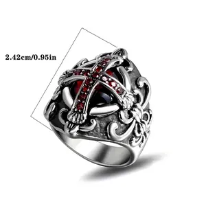 Fashionable Versatile High-End Gothic Cross Stainless Steel Ring Dominant Ring Crown Ring Suitable for Men and Women Universal Daily Wear Accessories Stainless Steel Ring Red Diamond Inlaid Casting